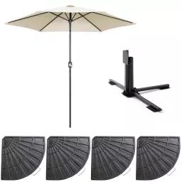 Parasol droit inclinable 3m et 4 dalles lestées aluminium blanc