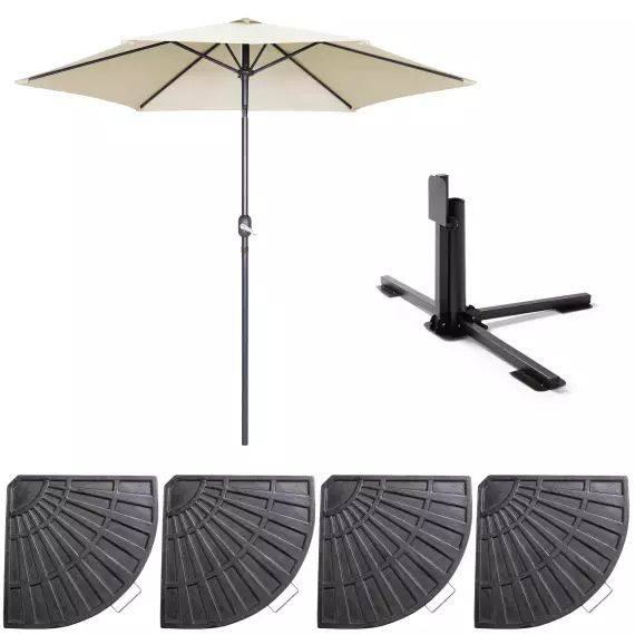 Parasol droit inclinable 3m et 4 dalles lestées aluminium blanc