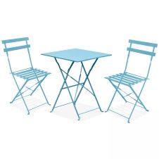 Table bistrot de jardin et 2 chaises pliantes bleu