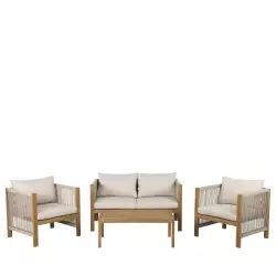 Reem – Salon de jardin 1 canapé, 2 fauteuils et 1 table basse en bois d’acacia et corde – Couleur – Beige