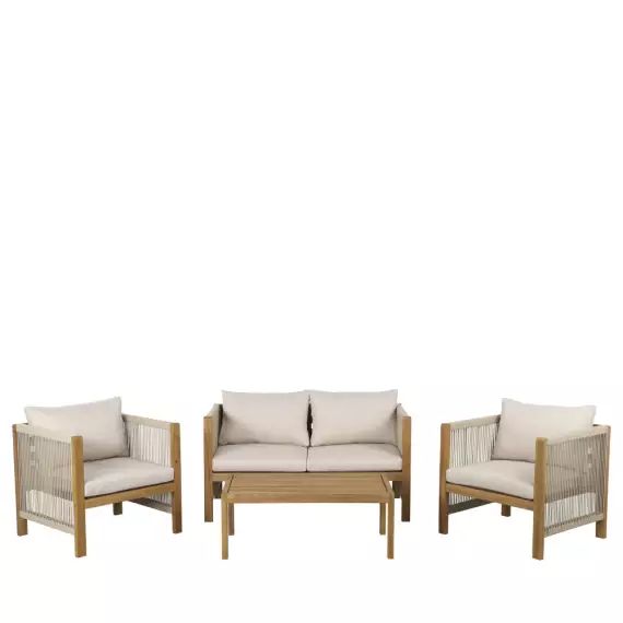 Reem – Salon de jardin 1 canapé, 2 fauteuils et 1 table basse en bois d’acacia et corde – Couleur – Beige