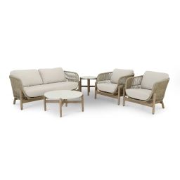 Salon de jardin 4 places en bois et corde beige et 2 tables