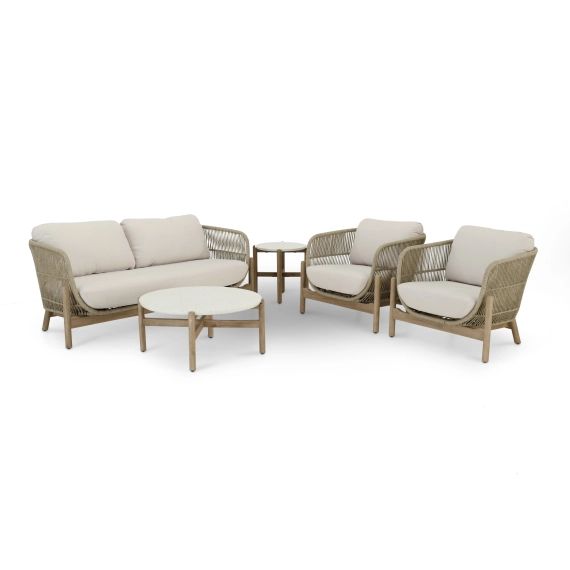 Salon de jardin 4 places en bois et corde beige et 2 tables