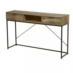 Console d&rsquo;entrée en métal noir et bois 2 tiroirs + 1 casier