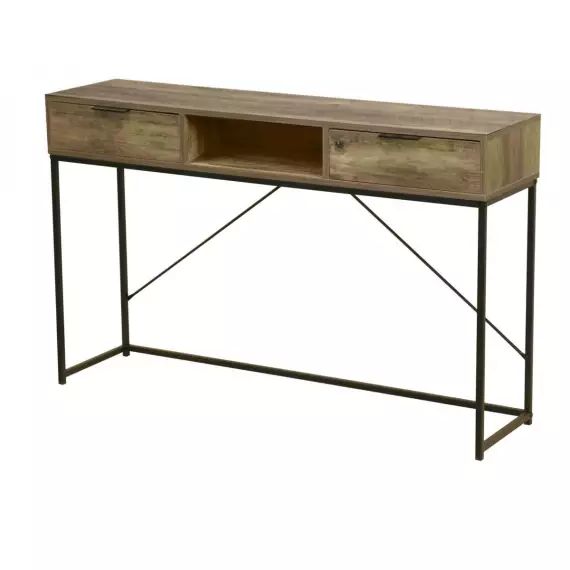 Console d&rsquo;entrée en métal noir et bois 2 tiroirs + 1 casier