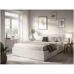 Cadre de lit EDGAR avec coffre de rangement et tête de lit en tissu bouclette – Écru – 149 x 198 x 82 cm – Usinestreet