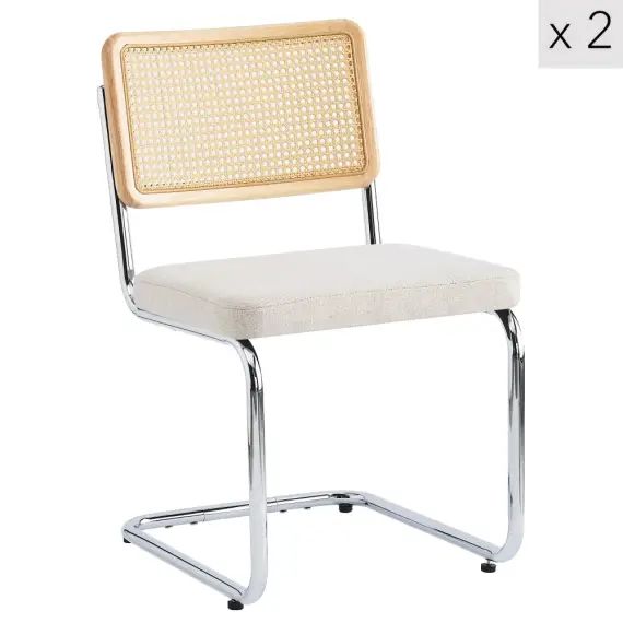 Lot de 2 chaises en métal et cannage avec assise en tissu beige